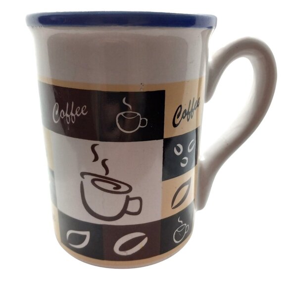 Royal Norfolk Coffee Mug Black Beige Checkered Coffee Themed Blue Rim Ceramic - Picture 1 of 6